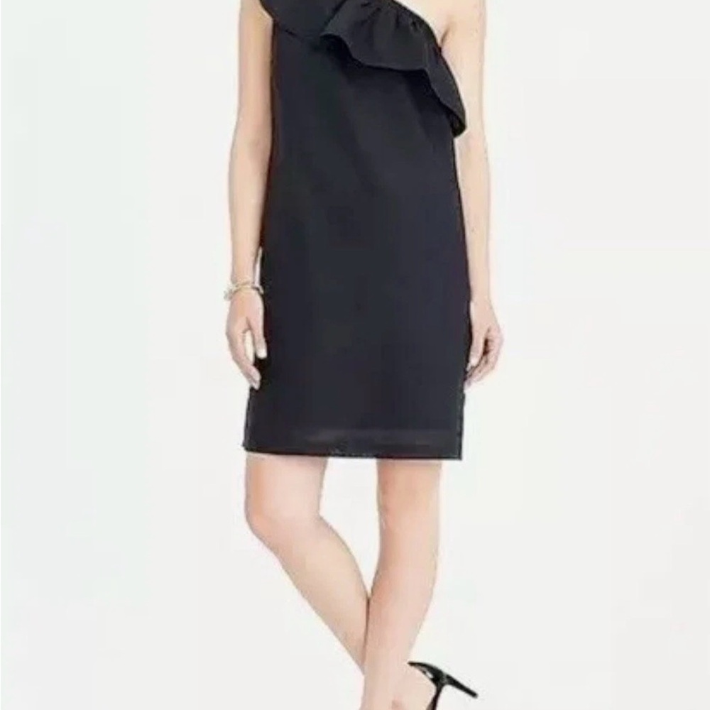 J.Crew Black‎ Linen Blend Ruffle One Shoulder Shift Dress Size S